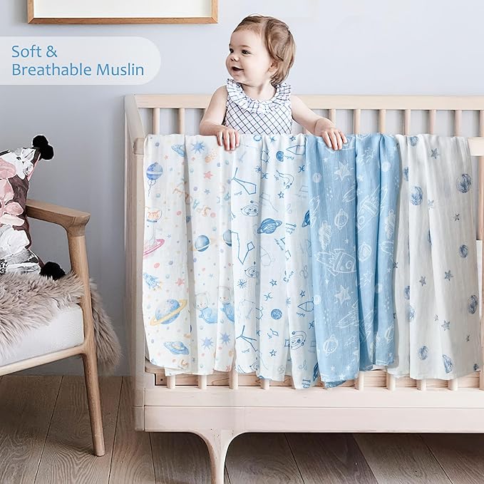 Muslin Swaddle Blankets for Newborn, 4 Pack Large 47"x47" Soft Breathable Bamboo Cotton Baby Blanket, Lightweight Receiving Blanket for Boys and Girls, Little Space Explorer