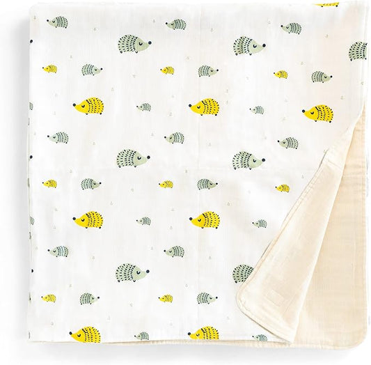 Organic Muslin | Cotton Blanket, Kids, Baby, Quilt, Triple Layer Muslin, Bed, Crib, GOTS Certified Organic Cotton (Hedgehog)
