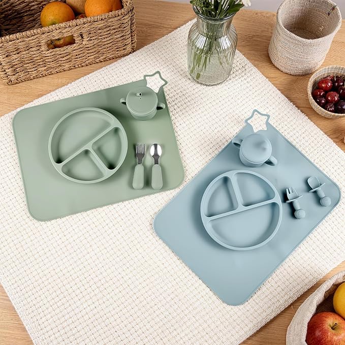 Silicone Baby Feeding Set 10 Pcs, Baby feeding essentials with Suction Plate, Bowl, Bib, Placemat, Silicone spoon&forks, Stainless Spoons&forks, straw cup and sippy cup (Blue)