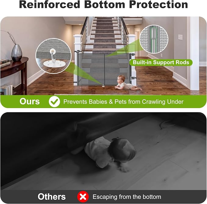 Retractable Baby Gate for Stairs & Banister, 55" Wide Mesh Dog Gate, One-Handed Dual Lock Safety Gate for Kids & Pets, Fits Round & Square Posts (Gray)