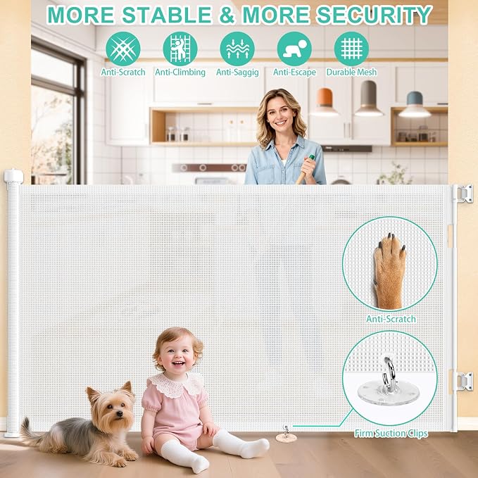 71 Inch Retractable Baby Gates Extra Wide, 41 Inch Reinforced Extra Tall Gate Mesh Safety Gate for Kids Pets, Retractable Dog Gate Baby Retractable Gate for Stair Hallway Doorway Indoor Outdoor, White