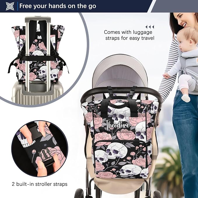 Personalized Flat Skull Peony Diaper Bag – Insulated Pockets for Mom Dad