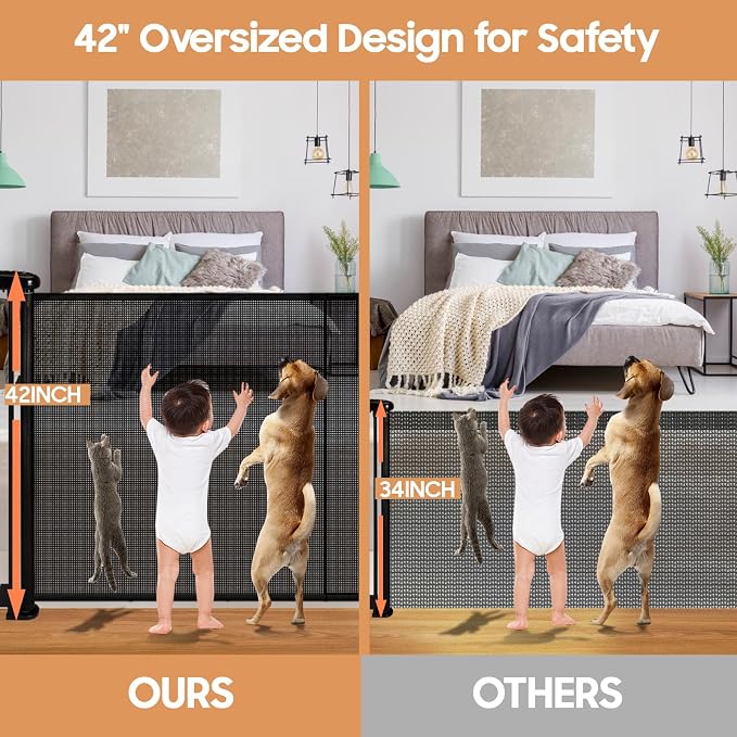 Retractable Baby Gates - 200" Extra Wide Retractable Dog Gate, 42" Extra Tall Mesh Gate Pet Gate with Support Rods, Long Child Safety Gate for Stairs Doorways Indoor Outdoor Large Openings - Black