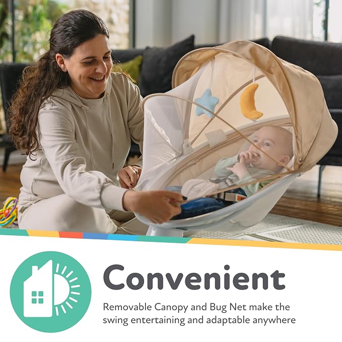 Nuby Baby Swing with Canopy and Remote - 5-Level Infant Swing with Soothing Sounds and Mobile App Control - 0-9 Months - Tan