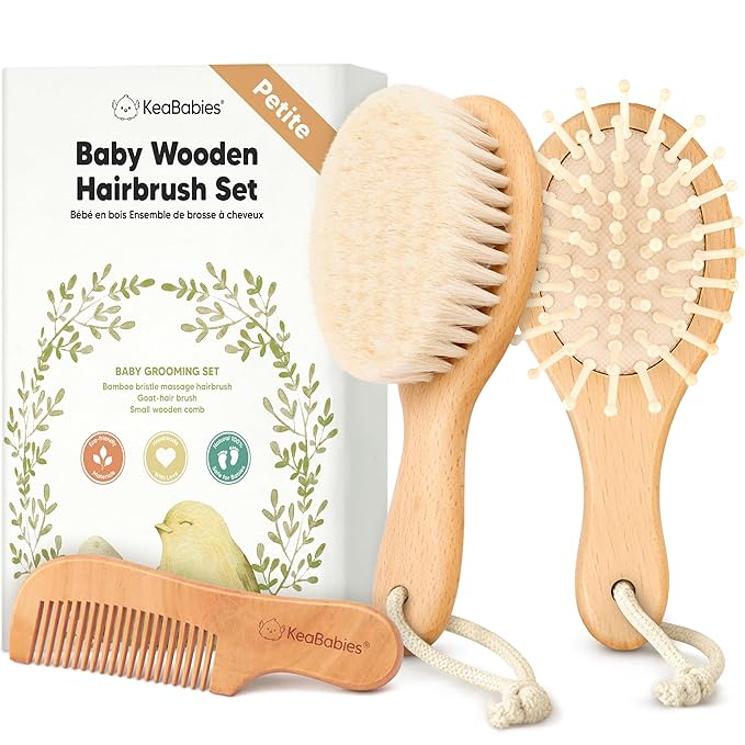 Baby Hair Brush Set for Newborns - Soft Goat Bristle Wooden Baby Brush and Comb Set Newborn Grooming Kit for Cradle Cap, Durable & Gentle, Boy, Girl Infant Essentials Care Kit (Petite, Walnut)