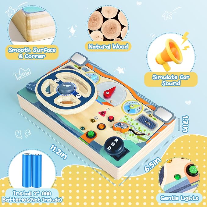 Busy Board Montessori Toys for 1 2 3 Year Old, Wooden Toddler Sensory Toy Busy Board with LED Lights Sound Switch, Toddlers Activity Travel Toy, Steering Wheel Toddler Toys Christmas Gift for Boy Girl