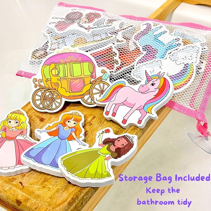 Foam Bath Toys with Storage Bag | Baby Bath Stickers | Shower Toys | Bathtub Toys | Bath Wall Toy | Princess Fairy Tail Foam