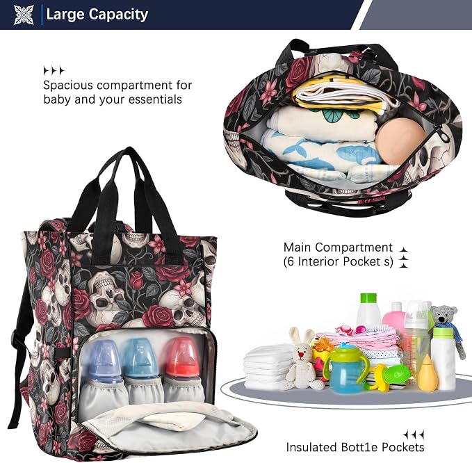 Red Roses Skull Diaper Bag – Insulated Pockets for Mom