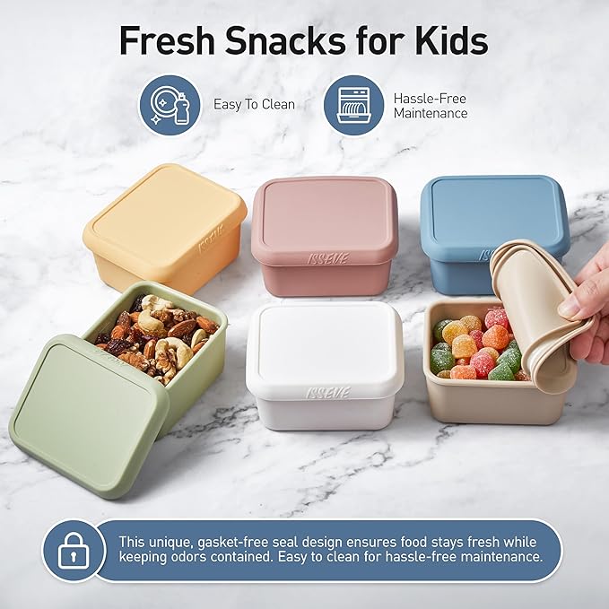 ISSEVE 8oz Silicone Snack Containers for Kids, 1 Cup Reusable Small Containers with Lids, Leak Proof Silicone Food Storage Containers, Kids Lunch Box for Daycare, School, Travel (6)