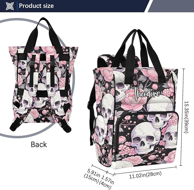 Personalized Skull Light Pink Peonies Diaper Bag Insul Large Cap Mom Dad
