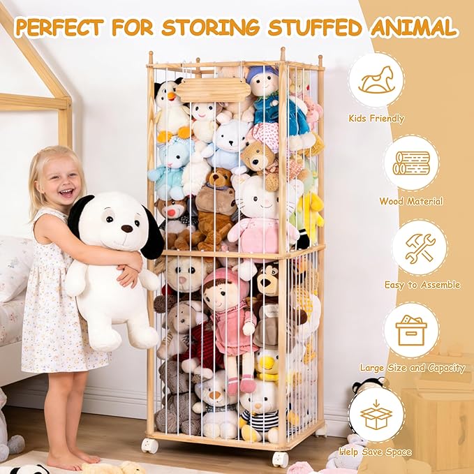 TANONE Stuffed Animal Toy Storage - Wooden Large Organizer Holder for Kids' Room and Playroom - Plush Zoo Animals Holder with Elastic Cords & Brake Wheel for Toddler Bedroom Toys Stuff Organization
