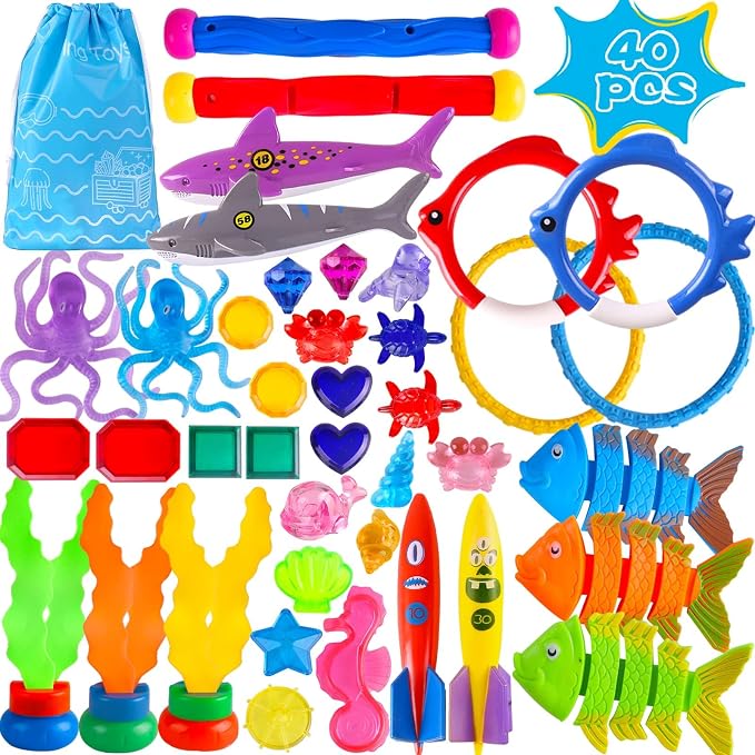 40 Pack Summer Pool Diving Toys for Kids Ages 3-12, Fun Swimming Games Sinking Toy Set, Underwater Gifts with Storage Bag Include Gems Shark Rings Sea Animals for Boys Girls