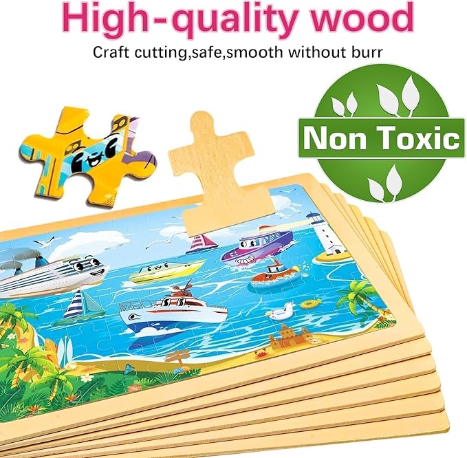 Wooden Puzzles for Toddlers 3-5,6 in 1 Jigsaw Wooden Solar System Puzzles for Ages 4-6,Preschool Educational Brain Toys Gifts for Boys and Girls 2 4 3 5 Year Old（Vehicle）