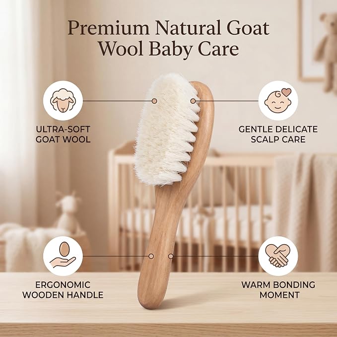 Hair Brushes Baby Head Brush, Kids Soft Goat Hair Comb Wood Infant Massage Scrub Tool Newborn Shower Registry Gift, Wooden Baby Hair Brush Hairbrush for Newborn and