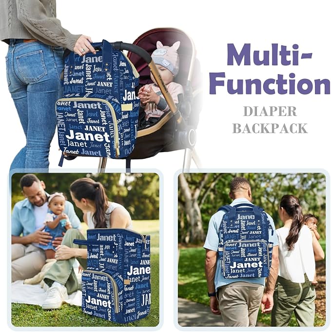 Custom Diaper Bag with Name Personalized Multifunctional Mommy Backpack for Daughter Granddaughter, Blue Daypack Bag for Travel