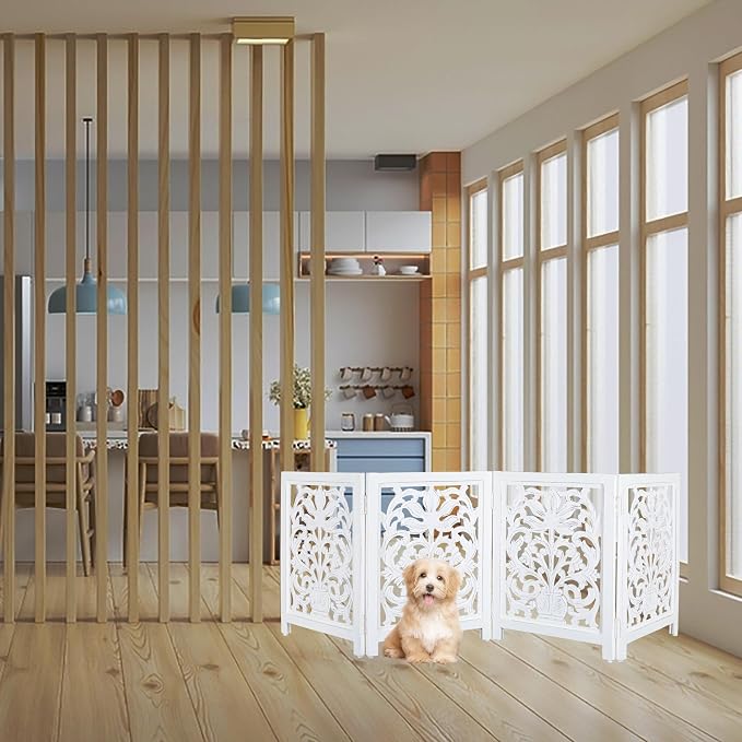 Lightnpro Foldable Carved Wooden Dog Gate 72 Inch - Pre Assembled Freestanding Indoor Pet Barrier for Home, Adjustable Dog Fence for Stairs, Doorways & Hallways - 24x18 Inch (4 Panels) Antique White