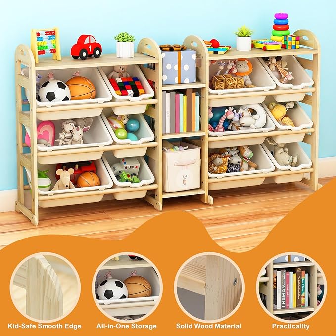 Toy Storage Organizer, 59.6" W White 5-Shelf Bookcase/Bookshelf with 12 Toy Bins, Large Toy Organizers and Storage, Toy Box for Playrooms, Bedrooms Organization