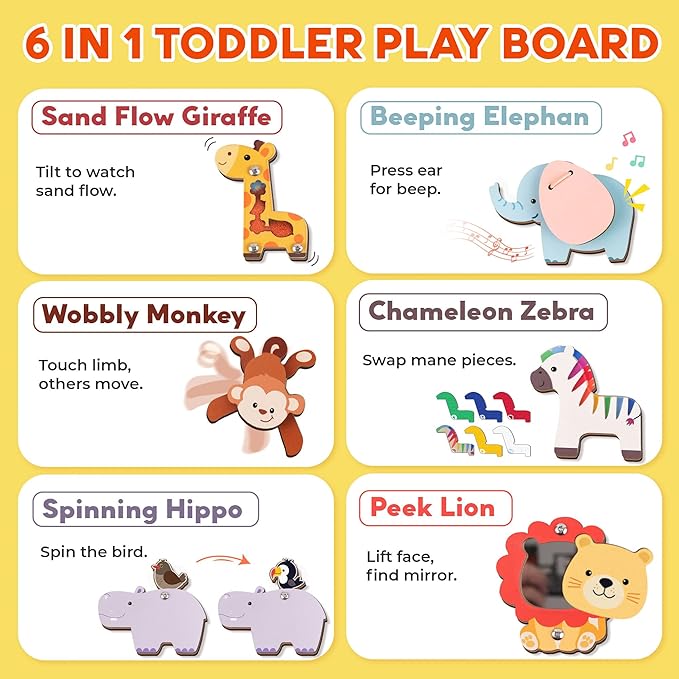 Kalotoys Wooden Montessori Jungle Animal Puzzle for Toddlers 1-3 – Interactive Sensory Toy with Mirror, Zip & Sound – Educational Baby Gift for Fine Motor Skills & Autism Friendly (6 Animals)