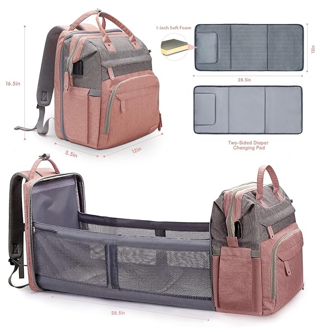 DERJUNSTAR Diaper Bag Backpack ??Large Capacity Baby Diaper Bag with Changing Pad for Dad and Mom, Waterproof Travel Backpack, Multi-Function Bag with USB Charging Port, Rose Pink