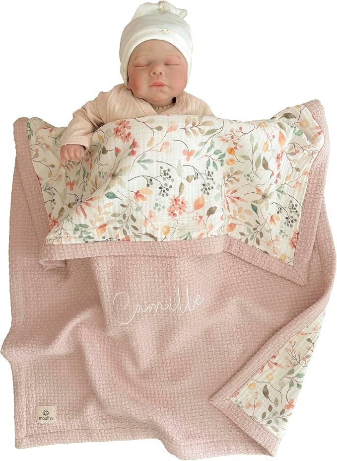 Mouliss Personalized Baby Blanket with Name ??Handmade 100% Organic Cotton Newborn Gift | Custom Knit Blanket for Boys, Girls, Kids & Baby Showers (Petal Pink/Petal Whispers)