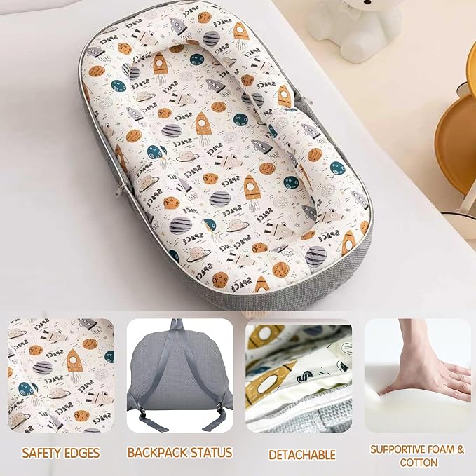 Tummy Time Mat, 2-in-1 Convertible to Backpack, Premium Memory Foam Baby Play Mat, Removable Machine Washable Cover, Foldable for Floor, Couch & Travel, Spaceship