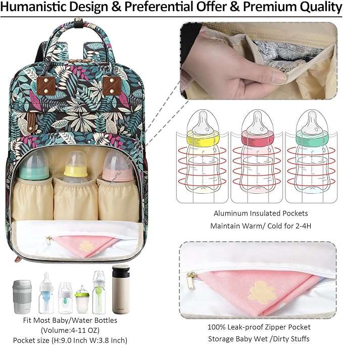 Diaper Bag Backpack Tote for Women Large Capacity, Baby Bag with Insulated Pockets Multifunctional Diaper Bags For Baby Girl Boy Waterproof Baby Bags For Boys Girls Mama Maternity Bag Colorful Leaves