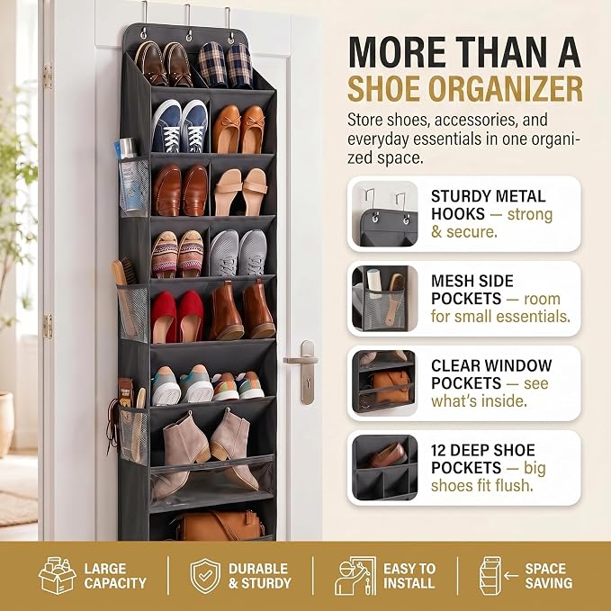 8 Tier Hanging Shoe Organizer – 100D Extra Thick Deep Pockets, Shoe Rack for Closet, Shoe Rack for Entryway, Over the Door Shoe Organizer for Closet with 6 Side Pockets for Boots (Transparent)
