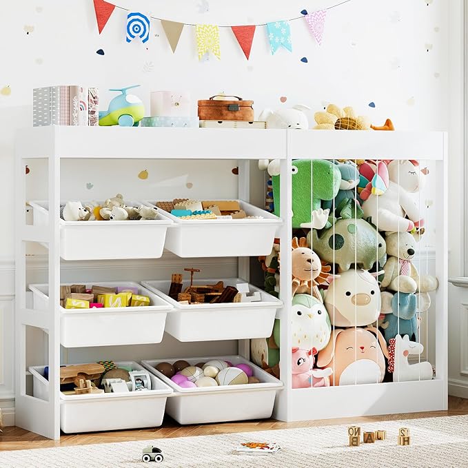50.6" W Toy Storage, 3-in-1 Large Kids Toy Organizers and Storage with Stuffed Animal Zoo, 6 Removable Plastic Bins, Wooden Toddler Cabinet for Girls Boys Playroom, Nursery, Home Decor(White)