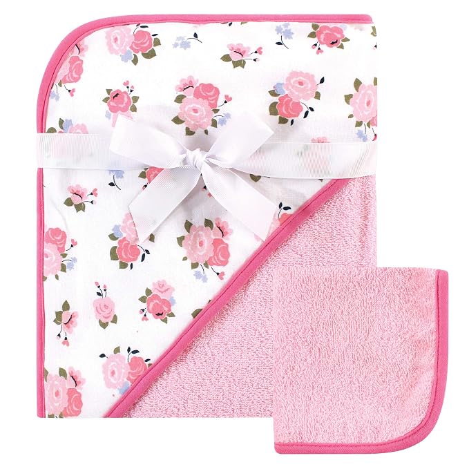 Luvable Friends Unisex Baby Cotton Hooded Towel and Washcloth, Floral, One Size