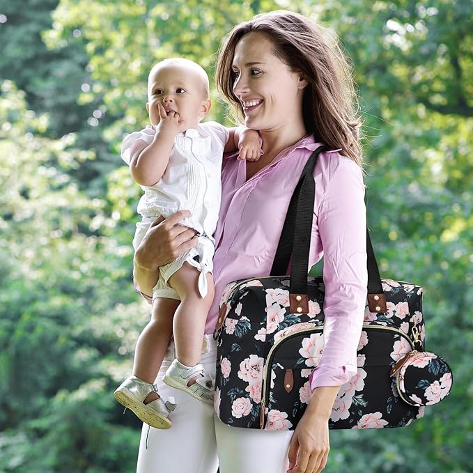 Tenot Diaper Bag Tote with Pacifier Case, Baby Bag for Women with Shoulder Straps, Travel Diaper Tote for for Mom and Dad Black Pink Floral