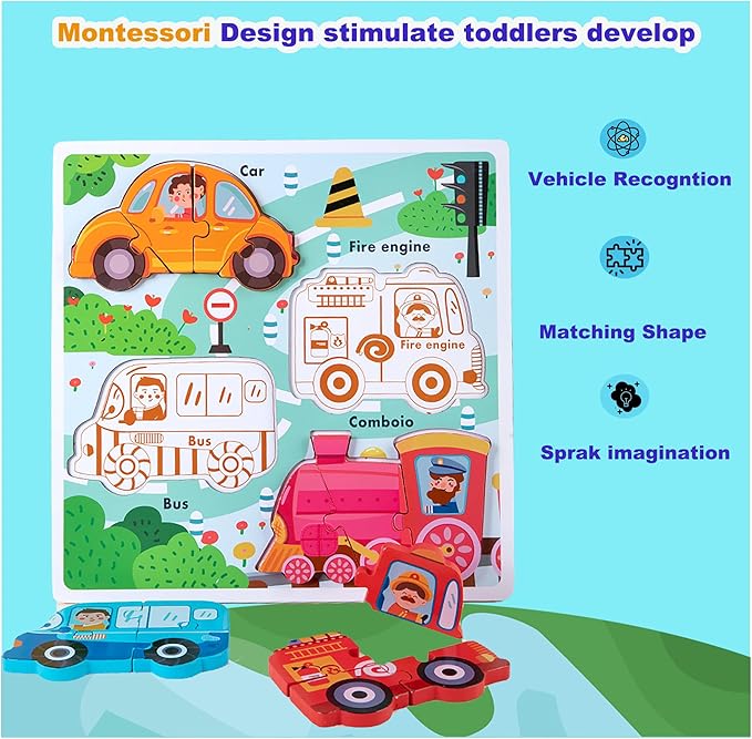 Jumbo Base Wooden Blocks Puzzles for Toddlers 1-3 ，Educational Toys for 2-3 Years Old,Toddler Montessori Gifts Vehicle Car Truck Puzzles Ages 2-4