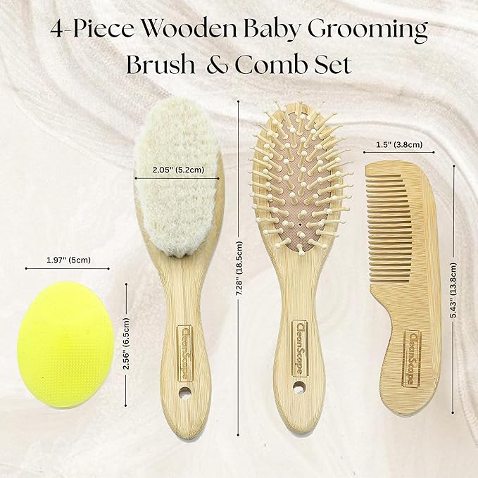 Bamboo Baby Brush & Comb Set – 4-Piece Newborn Grooming Kit with Soft Goat Hair Brush, Wooden Comb & Silicone Scalp Massager – Cradle Cap & Baby Shower Gift