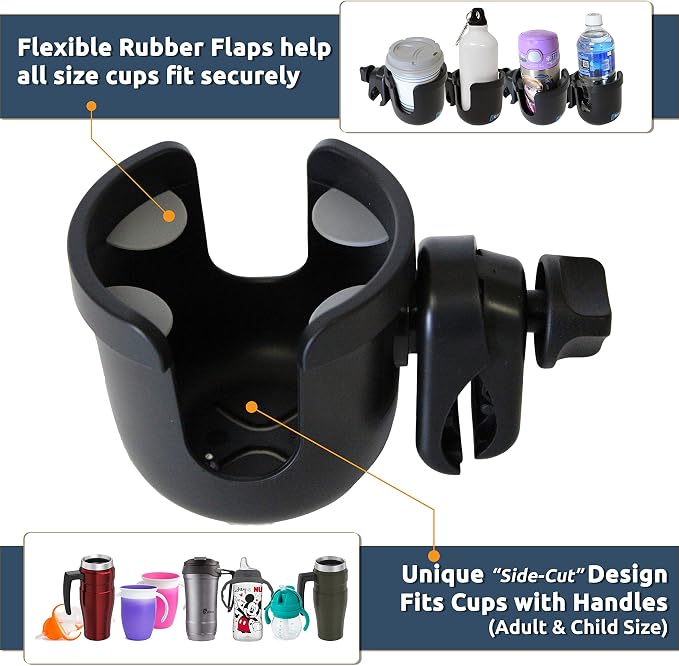 W4W Universal Stroller Cup Holder – Mega Strength Adjustable Clamp fits on Any Bike, Walker, Wheel Chair, Car – Large Adjustable Drink Holder fits Any Size Cup, Water Bottle, Can etc. (Pack of 2)