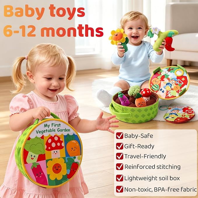 Baby Toys 6-12 Months, My First Vegetable Garden Plush Set Montessori Toys for 6 Month Old with Rattles Mirror Squeaker Crinkle Book, Baby Boy Girl Gifts Christmas Stocking Stuffers