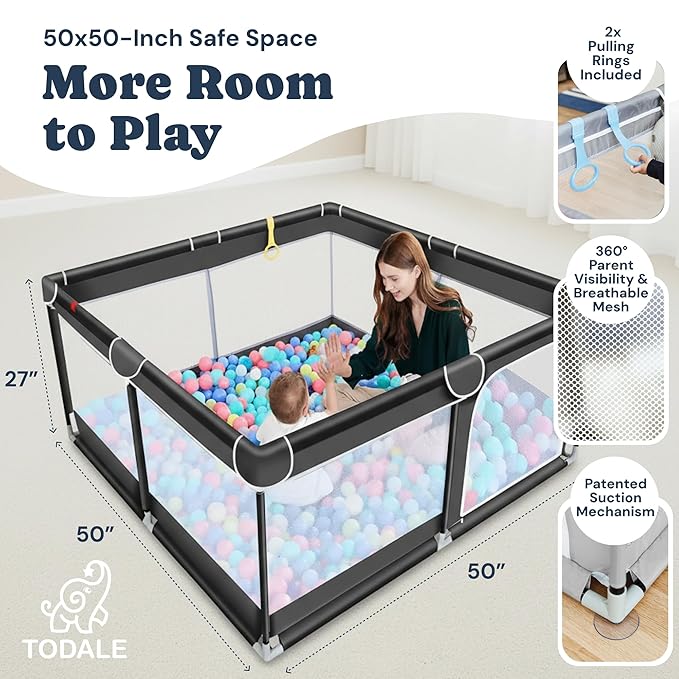 Todale Baby Play Pen - 50 x 50 x 27 in, Black - Portable Foldable Play Pen for Babies & Toddlers with Anti-Slip Base & Breathable Mesh Panels