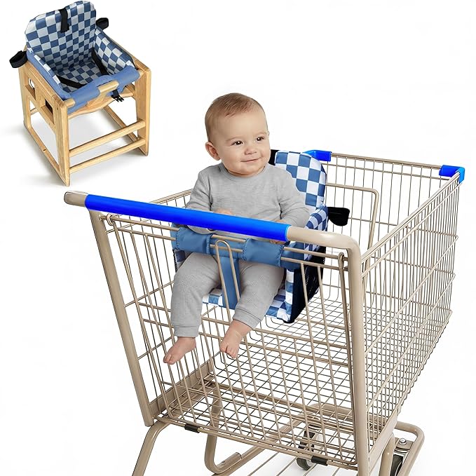Shopping Cart Seat Cover for Baby, High Chair & Grocery Seat Protector, Padded Chair Covers for Restaurant Seats, Unisex Machine Washable Grocery Cart Liner & Swing Insert ??Blue Checkered
