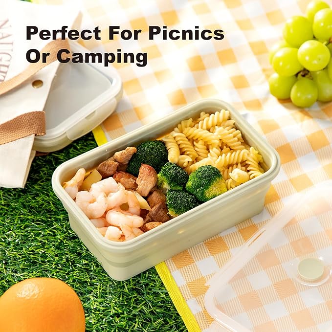 Collapsible Silicone Food Containers 1200ml 2 Pack Leakproof | Meal Prep Bowls for Kitchen & Camping, Airtight Lids, Microwave Freezer Dishwasher Safe, BPA free