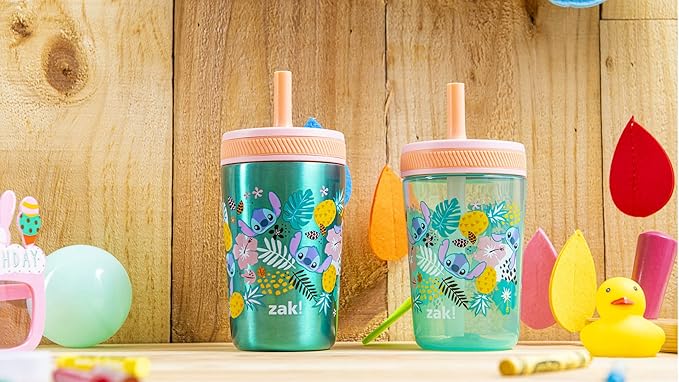 Zak Designs Disney Lilo and Stitch Kelso Tumbler Set, Leak-Proof Screw-On Lid with Straw, Bundle for Kids Includes Plastic and Stainless Steel Cups with Bonus Sipper (3pc Set, Non-BPA, Stitch)