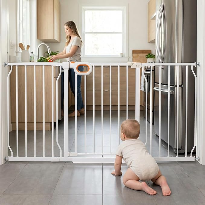 Baby Gates Extra Wide for Doorways 57.5-62.2 Inch Extra Wide Pressure Mounted Baby Dog Gate for the House Indoor Large Openning Metal Safety Gate No Drilling with Walk-Through Door,White
