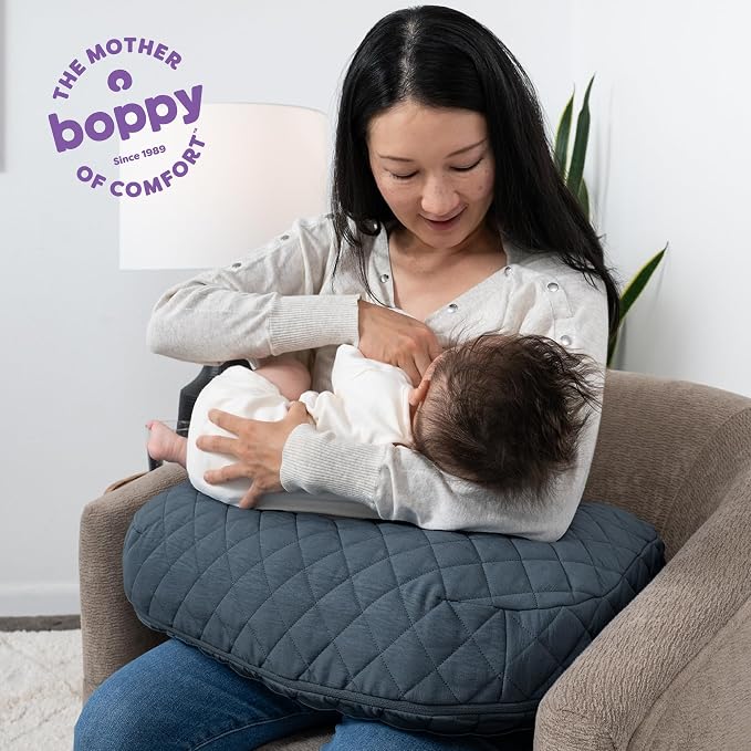 Boppy Nursing Pillow Luxe-Ergonomic Bottle & Breastfeeding Pillow with High Lift & Firm Support-Water-Resistant with Washable Premium Fabric Cover-Baby Safety Alliance Verified-Quilted Slate Blue