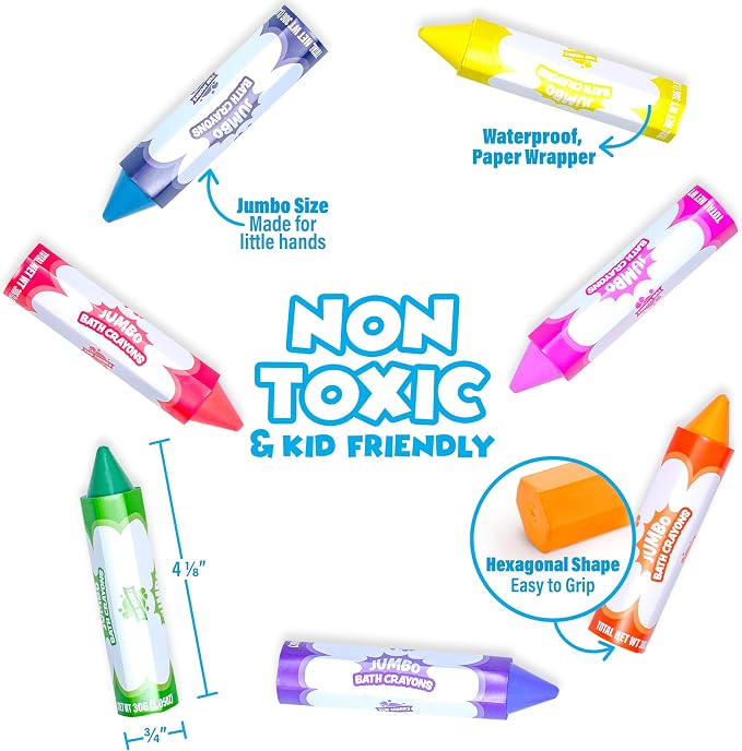 Tub Works® Smooth™ Jumbo Bath Crayons Bath Toy | Nontoxic, Washable Bath Crayons for Toddlers & Kids | Unique Formula Draws Smoothly & Vividly on Wet & Dry Tub Walls | Large, Easy-Grip Bathtub Crayons