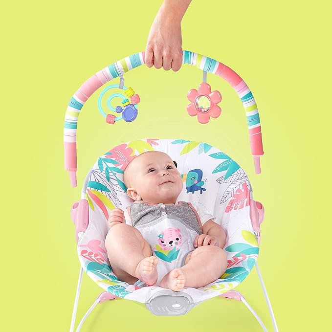 Bright Starts Baby Bouncer Soothing Vibrations Infant Seat - Removable-Toy Bar, Nonslip Feet, 0-6 Months Up to 20 lbs (Flamingo Vibes, Pink)