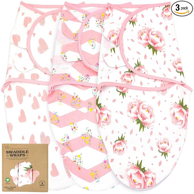 Swaddles for Newborns – 3-Pack Infant Swaddles 3-6 Months – Adjustable Swaddle Sleep Sack – Soft Organic Cotton Baby Wrap for Safe & Cozy Sleep (Hearts-Flowers)