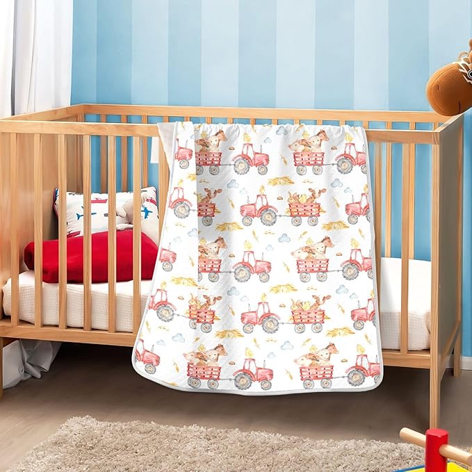 Ollabaky Animals Red Tractor Baby Blanket for Boys Girls Cotton Throw Blanket Swaddle Blanket for Crib Stroller Nursery Receiving Blanket Infant Toddler Unisex 30"x40"