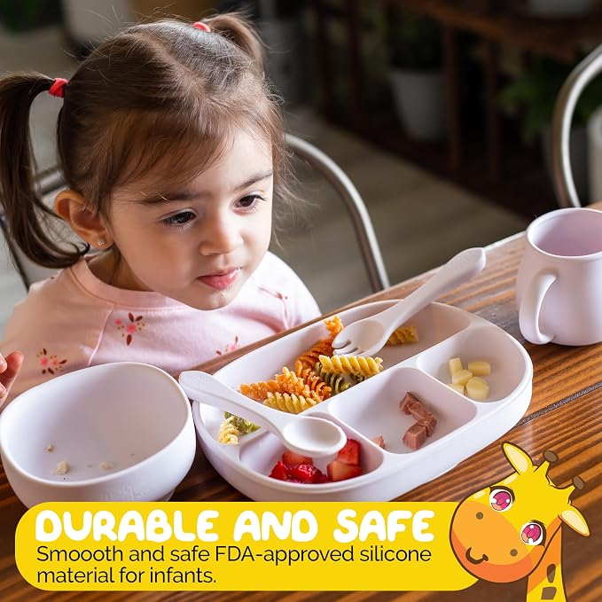 Baby Dinnerware Set by Muqee Peeko in a Sweet Lilac Color including Sets with Suction - Food Grade Silicone (5 Piece Set)