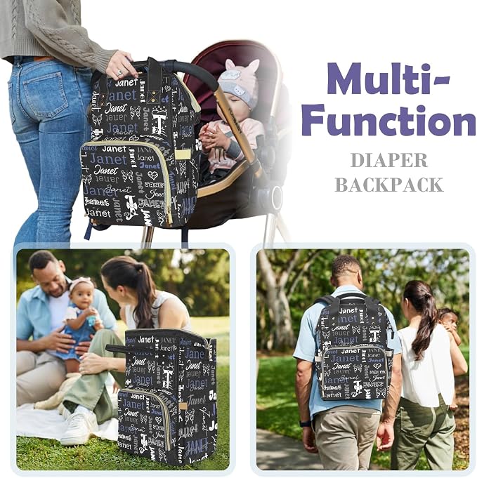 Custom Diaper Bag with Name Personalized Multifunctional Mommy Backpack for Daughter Granddaughter, Black Daypack Bag for Travel