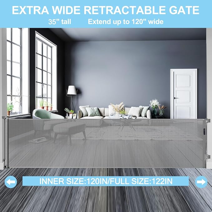 120 Inch Extra Wide Baby Gate Extra Long Dog Gate for The House Retractable Baby Gates for Doorways Super Large Pet Gate for Dogs Indoor Mesh Child Gates for Wide Openings Safety Toddler Gates (Grey)