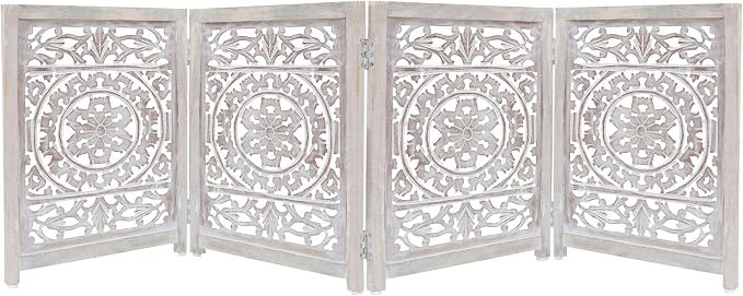 Croft&Cane Wooden Foldable Pet Dog Safety Gate - 4 Panel 20 W x 24 H - Hand Carved Suzani Free Standing Portable Indoor Puppy Gate - Doorway Hall Stairs Dog Fence - Assembled - White Wash