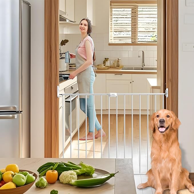 Adjustable Baby Safety Swing Gate, Hardware-Mounted Metal Gate for Stairs and Doorways, Secure Latch for Kids and Pets (White, 24"-40.5" W x 28.75" H)