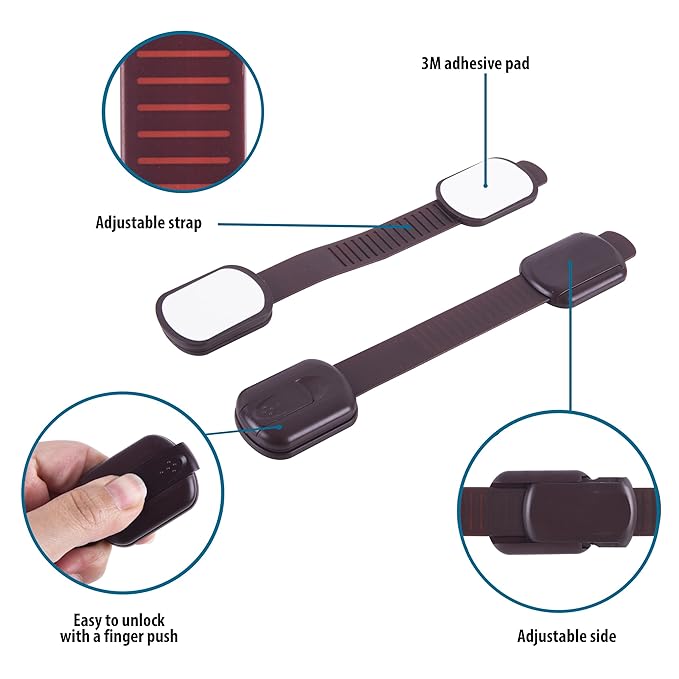 Child Safety Cabinet Locks (10 Pack) – Adjustable Baby Proofing Strap Latches with Strong 3M Adhesive – No Drill Childproof Locks for Drawers, Cabinets, Fridge, Door, Closet, Brown